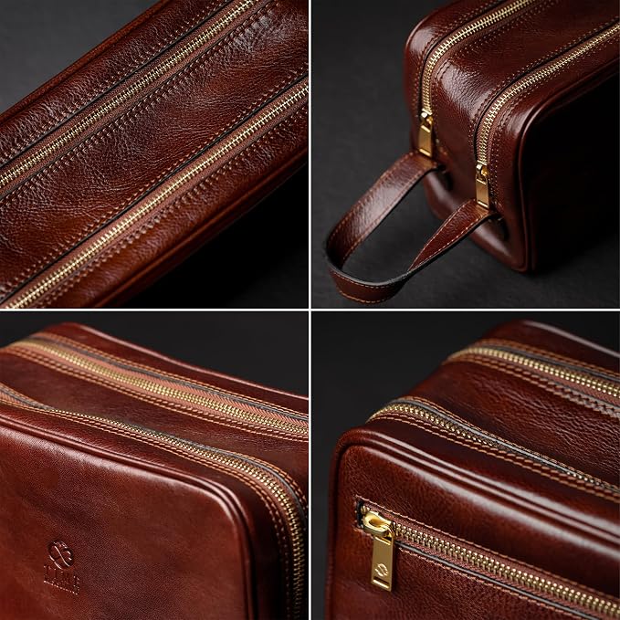 Time Resistance Leather Cosmetic Bag - Italian Toiletry Dopp Kit (Brown) - Image 5