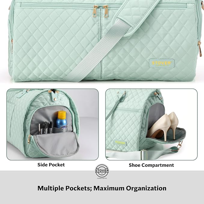 STOVER Women’s Convertible Garment Duffel Bag for Travel – 2-in-1 Carry-On Weekender/Overnight Tote - Wrinkle-Free Dresses, Suits & Clothes + Shoe Compartment & Bonus Toiletry Bag (Coastal Mint) - Image 5