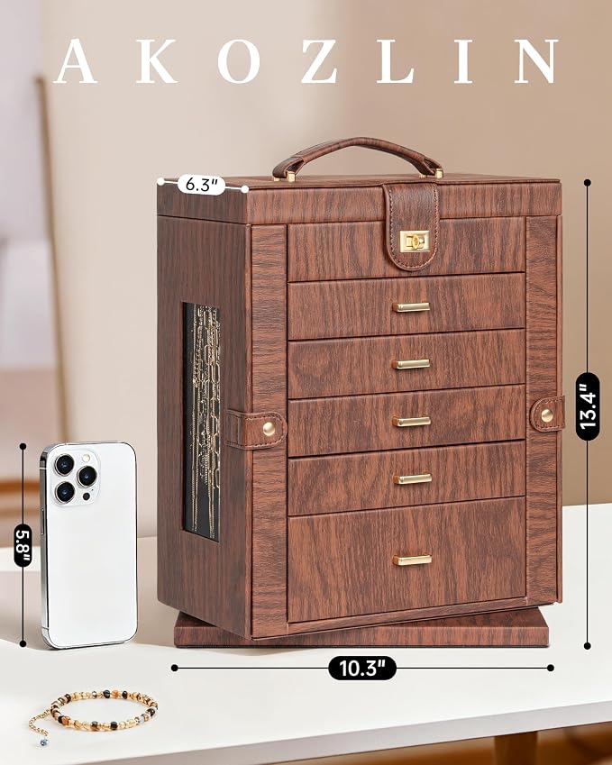 AKOZLIN 6-Tier Jewelry Box Organizer Functional 5 Drawers Leather Jewelry Storage Case for Women Girls Ring Necklace Earring Bracelet Holder Organizer with Mirror XL Red 360° Rotating - Image 2