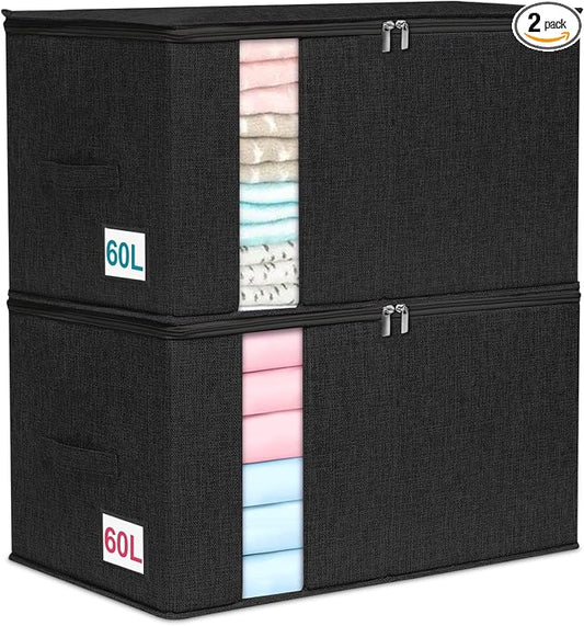 punemi 2 Pack Clothes Storage, Sturdy Blanket Storage Bags with Side Bottom Support, Storage Containers for Organizing Bedroom Closet Clothing Comforter, Organization and Storage W/Lids Handle,Black by Punemi