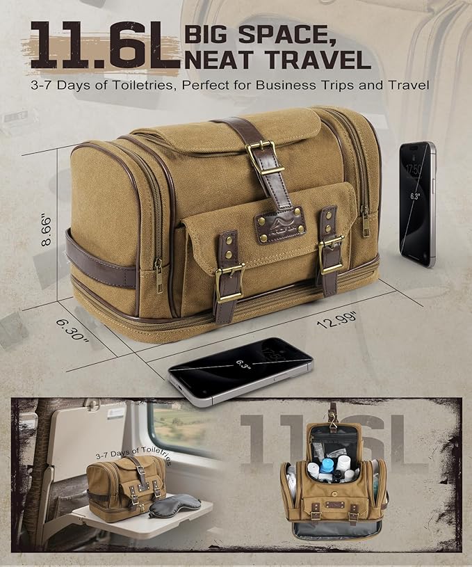 ARCFOX Travel Hanging Toiletry Bag for Men, Vintage Canvas Large Toiletry Bag with 7 Compartments, Camping Gym Travel Toiletry Kit Organizer with PVC Wet & Dry Pockets, Personalized Wash Bag, Brown - Image 2