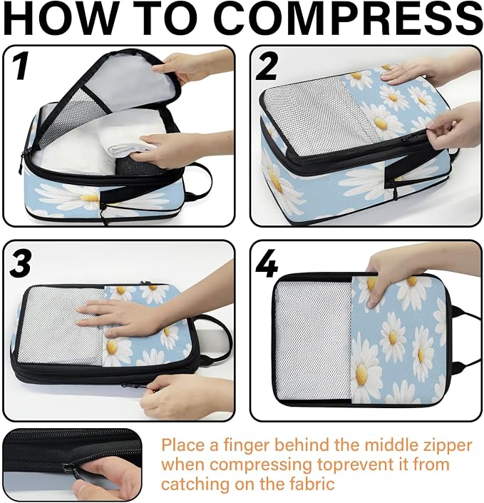 Floral Daisy 6 Set Compression Packing Cubes for Travel Luggage Carry On Suitcase Compressible Expandable Packing Cubes Organizers Bag - Image 4