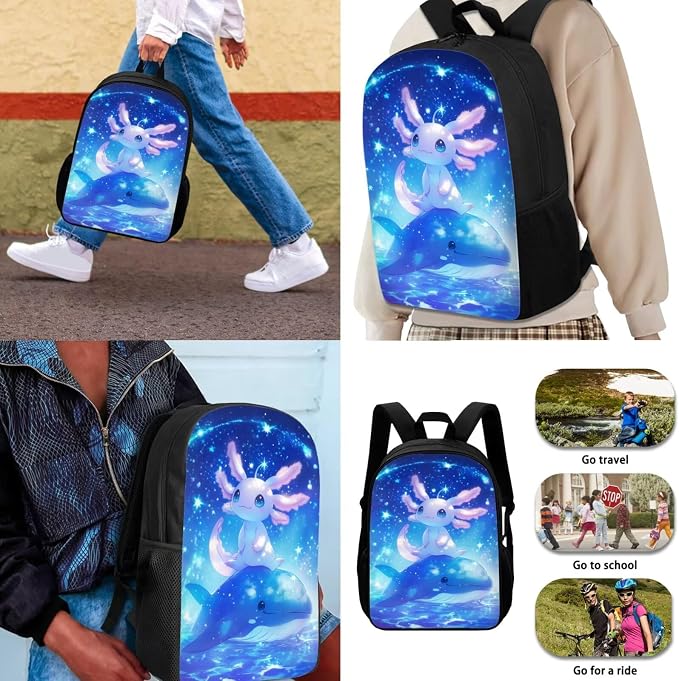 Cute Axolotl Backpack with Lunch Box Kids Girls 6-8/5-7 Killer Whale Elementary School Bookbag and Lunch Bag Pencil Case Water Bottle Holder 4PCS Set Student Book Bags Kindergarten Back Pack - Image 3