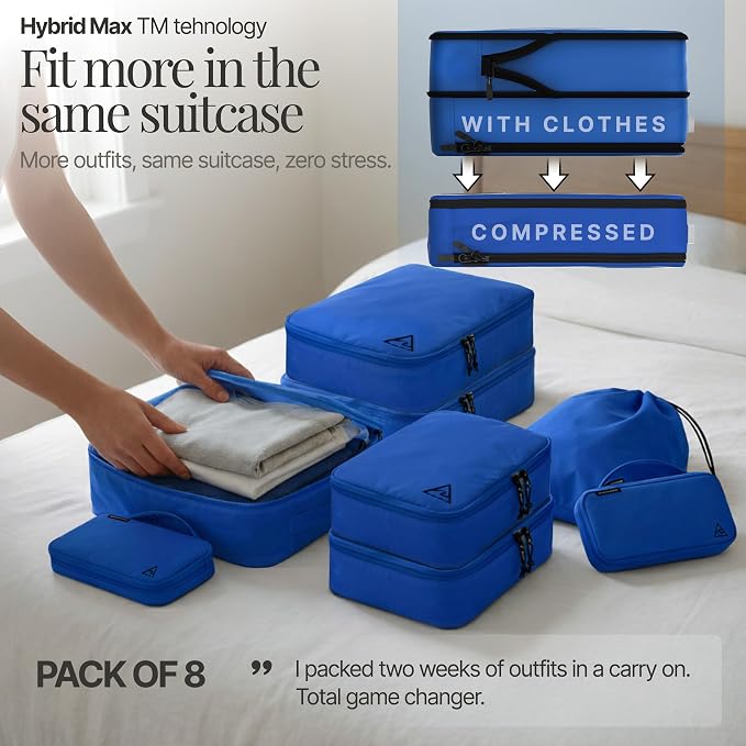 Well Traveled 8 pcs Compression Packing Bags Cubes Set with HybridMax Double-Capacity Design - Packing Cubes for Travel Compression to Maximize Limited Luggage Space, Blue - Image 5