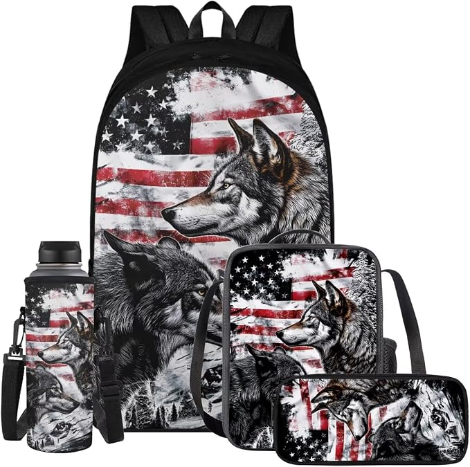 American Flag Wolf Backpack for Boys Kids Backpack with Lunch Box Water Bottle Bag and Soft Pencil Case 4PCS Set Bookbag with Compartments for School Teens 17 inch Large Capacity School Bag by ELEDIZI