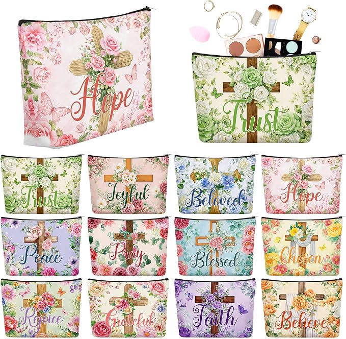 Sweetude 12 Pcs Christian Makeup Bags Bulk Religious Flower Cross Portable Travel Cosmetic Bags with Zipper Cross Waterproof Roomy Travel Toiletry Organizer Storage Beauty Pouch for Women Gifts by Sweetude