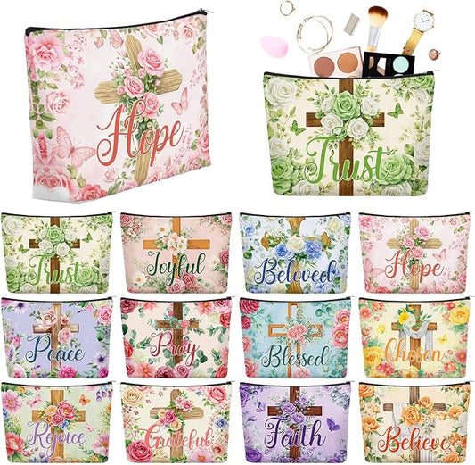 Sweetude 12 Pcs Christian Makeup Bags Bulk Religious Flower Cross Portable Travel Cosmetic Bags with Zipper Cross Waterproof Roomy Travel Toiletry Organizer Storage Beauty Pouch for Women Gifts by Sweetude