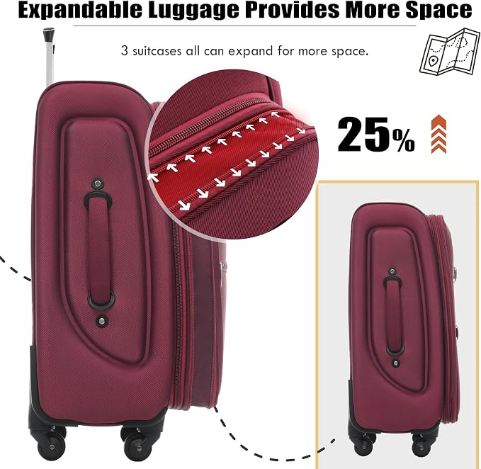 Merax Softside Luggage Set, Travel Suitcase Expandable Lightweight 3 Piece | Luggage Sets with Duffel Bag 22" 26" 30" Suitcase with TSA Lock Spinner Wheels,Red - Image 6