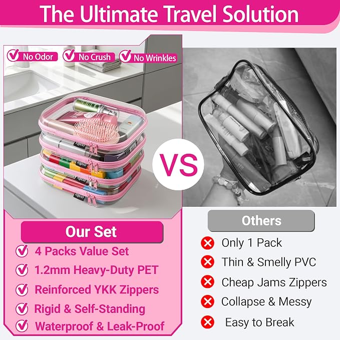 YQBRAO 4-Pack Clear Diaper Bag Organizer Pouches, 1.2mm Ultra-Thick PET Travel Pouches for Toiletries & Makeup, Rigid Self-Standing Bags with YKK Zippers, TSA Approved (Pink) - Image 2