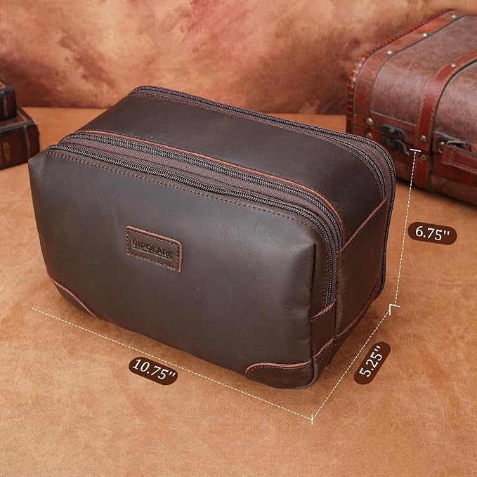 Polare Full Grain Leather Travel Toiletry Bag Dopp Kit Large Cosmetic Travel Case Shaving Kit Wash with YKK Zippers - Image 3