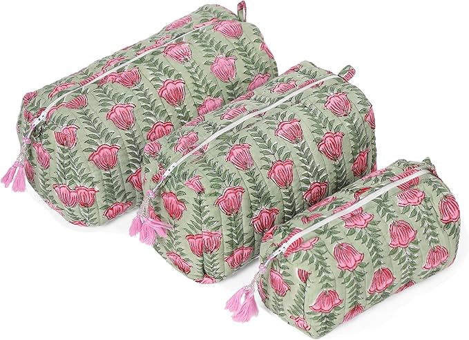 Saffron Marigold Quilted Makeup Bag Set of 3, Hand Block Printed Cotton Cosmetic Bags for Women, Waterproof Lined Travel Toiletry Bag, Coquette Floral Aesthetic, Handmade Gift, Tulip Rain by SaffronMarigold