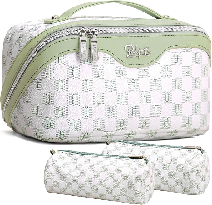 BOYATU Travel Makeup Bag Organizer Cosmetic Bag: 3 Pcs Set Make up Bags for Women with Handle - Waterproof Vegan Leather Toiletry Bags Travel Essentials Pouch with Compartments (H-06-Green) by BOYATU