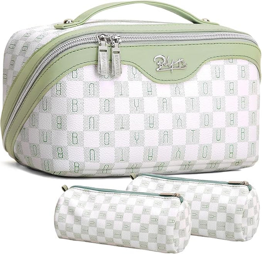 BOYATU Travel Makeup Bag Organizer Cosmetic Bag: 3 Pcs Set Make up Bags for Women with Handle - Waterproof Vegan Leather Toiletry Bags Travel Essentials Pouch with Compartments (H-06-Green) by BOYATU