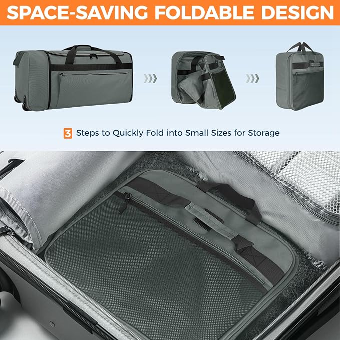 Uarition 70L Foldable Rolling Duffle Bag with Wheels, 28” Large Duffle Bag for Travel, Carry On Luggage Duffel Bag for Traveling/Camping/Moving, Water Resistant, Grey - Image 4