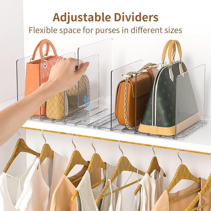 GoMaihe Bag & Purse Organizer for Closet: 4 Sets Adjustable Clear Handbag Storage Shelf - Plastic Clutch Dividers | Minimal | Keep Purses upright - Image 2