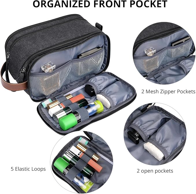 WITZMAN Canvas Toiletry Bag for Men Travel Toiletries Large 7L Dopp Kit | Multi-pockets with Dry-wet Pocket, Side Handle for Hanging, Lightweight, For Daily Use, Bathroom, Make up, A8002 Black - Image 4