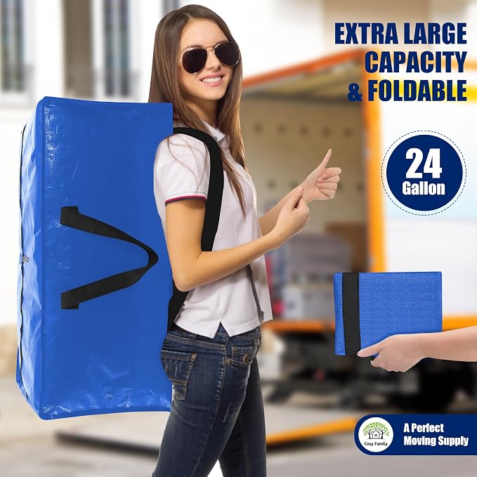 Cosy Family 4 Pack Heavy Duty Extra Large Moving Bags with Backpack Straps - Strong Handles & Zippers, Storage Totes For Space Saving, Fold Flat, Alternative to Moving Box (Set of 4, Multicolored) - Image 7