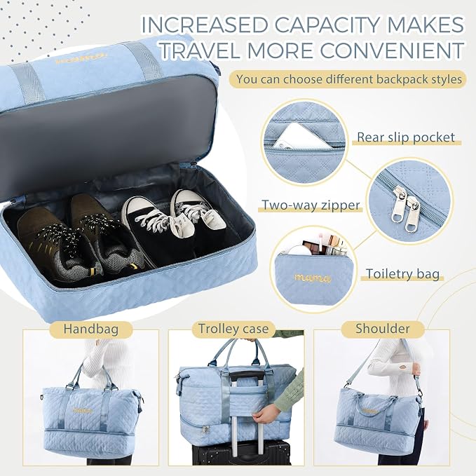 Dansydaisy Mama Hospital Bag for Women Labor Delivery Travel Duffle Bag with Shoe Compartment and Toiletry Pouch Waterproof Letter Embroidered for Pregnancy Weekender Overnight Gym Gift, Blue - Image 5