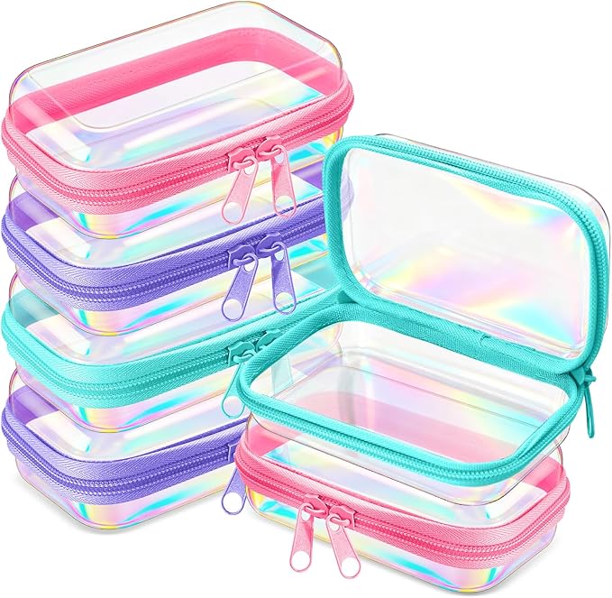 Sanwuta 6 Pcs Clear Hard Zipper Case Plastic Zipper Pouches Transparent Makeup Bag Pencil Case Pouches Toiletry Diaper Bag for Travel Toy Storage Organizer Bins(Holographic,5 x 3 x 2 Inch) by Sanwuta