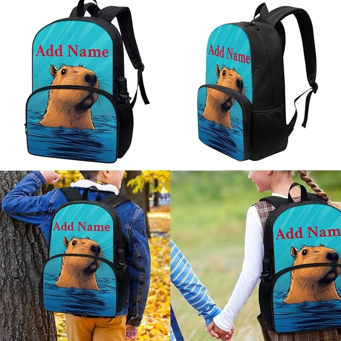 Capybara Customized Name Backpack with Lunch Box and Pencil Case 17 Inch Personalized School Bags for Girls 6-8 Lunchbox Set Add Your Name 2nd Grade Bookbag Lunchbag, 3-in-1 - Image 3
