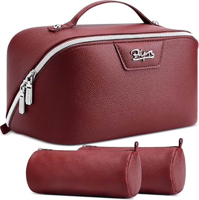 BOYATU Travel Makeup Bag Cosmetic Bags for Women: Large Capacity 3 Pcs Set Make up Bag with Compartments - Waterproof Vegan Leather Toiletry Organizer Bags with Handle (L29Red) by BOYATU