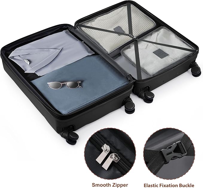 Hardshell Luggage Sets, Lightweight Stripes Suitcases with Spinner Wheels, Black Black - Image 4