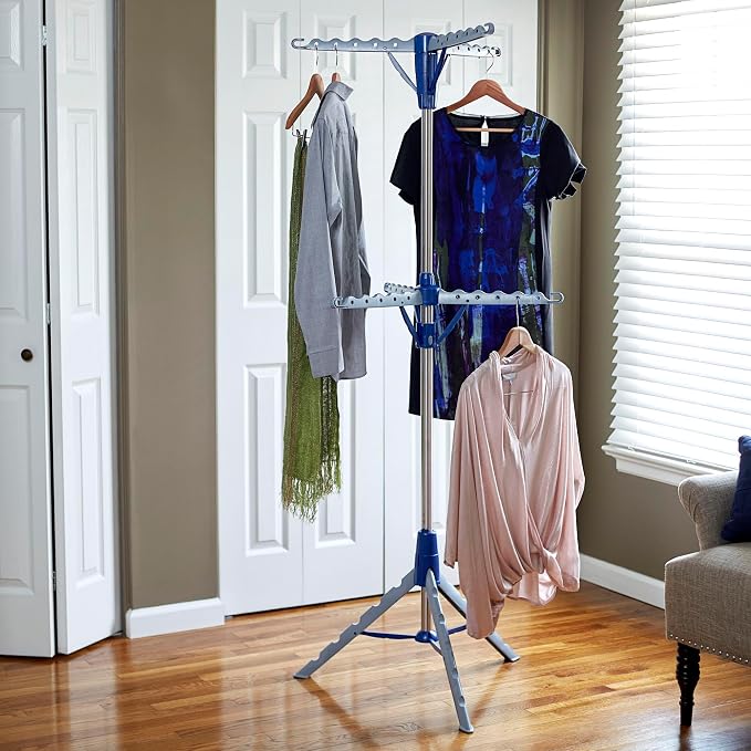 Household Essentials 5012-1 Portable 2-Tier Clothes Drying Rack Tri-pod | Dry Wet Laundry or Hang Clothes | Silver and Blue - Image 6