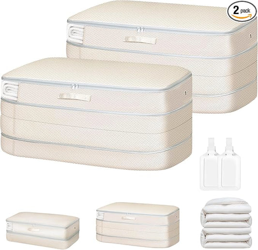 Comforter Storage Bag - Large Capacity Bedding Storage Bags Ultra Space Saving Self Compression Organizer, Washable Compression Bags for Storage Comforter Blanket Duvet Pillow, 2-Pack, Beige by EasortmPackingCubes