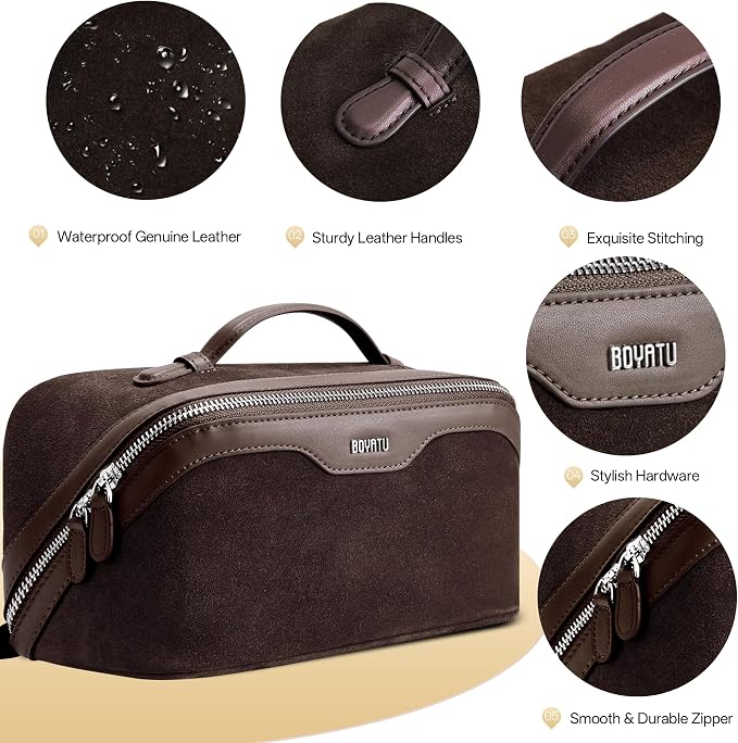 BOYATU Genuine Leather Travel Makeup Bag: Large Capacity 3 Pcs Set Cosmetic Bags for Women - Designer Waterproof Hand-made for Toiletry Organizer - Travel Essentials for Elegance (08Suede-Coffee) - Image 4