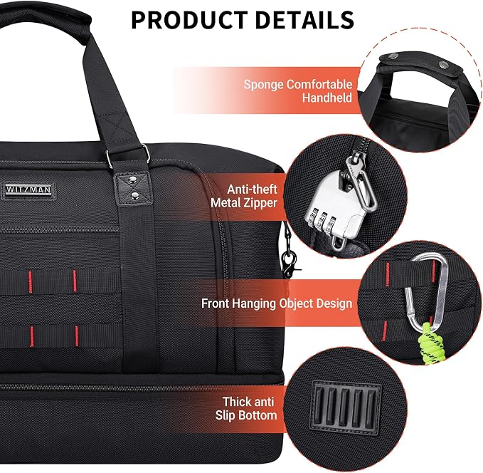 WITZMAN Nylon Duffle Bag for Men 55L with Toiletry Bag Sets Overnight Bag | Multi-pockets with Shoe Compartment and Dry-wet Pocket, Carry On, Convertible for Gym, Overnight, Sports, B696 Black - Image 7