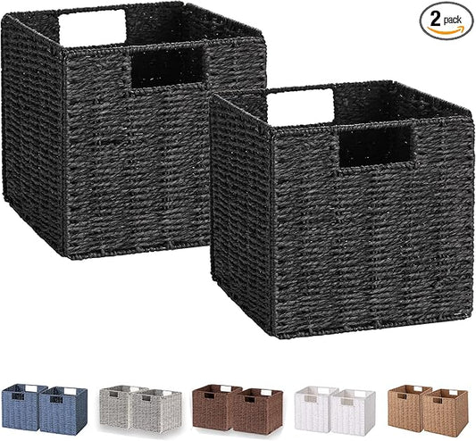 Vagusicc Wicker Basket, Set of 2 Woven Storage Baskets for Shelves, Foldable Cube Storage Basket Bins with Handles, 9 inch Small Storage Baskets for Organizing Pantry Bedroom, Black by Vagusicc