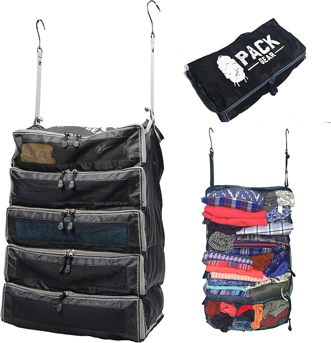 Pack Gear Hanging Suitcase Organizer - Our XL Hanging Luggage Organizer Perfectly Fits Any Suitcase - Our Packing Cubes For Travel Use Mesh Windows to Make Finding Any Outfit Easy (Black, XL) by PackGear