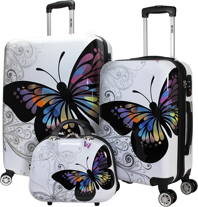 World Traveler Butterfly 3-Piece Polycarbonate Hardside Expandable Spinner Luggage Set with Enhanced Wheel System by WorldTraveler
