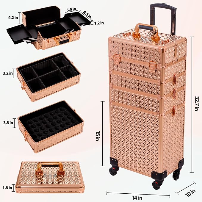 AROUS 5 in 1 Rolling Makeup Train Case with Lid Cosmetology Case on Wheels | Large Cosmetic Trolley Organizer with Keys Salon Barber Case Traveling Cart Trunk for Artist Hairstylists Nail Tech, Gold - Image 5