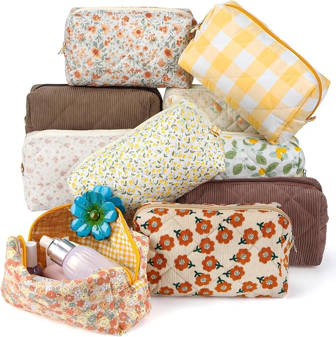 Paterr 10 Pcs Quilted Makeup Bag Bulk Cotton Floral Cosmetic Bag Women Girls Bridesmaid Gifts Cute Makeup Pouch Coquette Aesthetic Travel Toiletry Organizer(Yellow Floral,7.87 x 4.72 x 3.15 Inches) by Paterr
