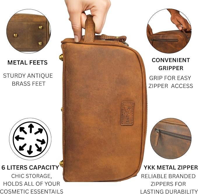 Rasavi Genuine Leather Travel Toiletry Bag, Handcrafted Vintage Water-Resistance Dopp Kit, Large Shaving & Bathroom Organizer - Gift for Men & Women - Distressed Brown - Image 3