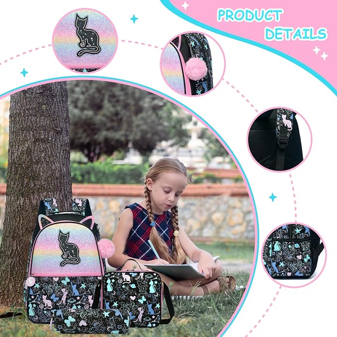 Cute Cat School Backpacks for Girls Backpacks for School Black Bookbag with Lunch Box for Elementary Students Ages 6-8 Years Old - Image 4