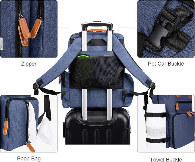 Modoker Dog Travel Bag, Airline Approved Backpack for Pet Accessories Organizer, Tote Weekend Bag with 2 Food Storage Containers, 2 Collapsible Dog Bowls, 1 Pet Mat, Blue - Image 5