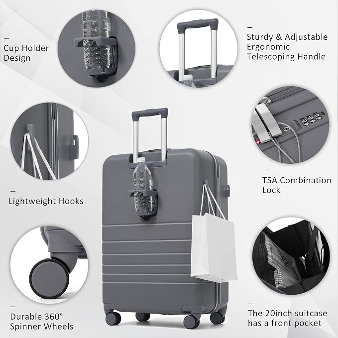 4-Piece Luggage Set, Suitcase with TSA Lock Travel Duffel Bag Wet-Dry Toiletry Bag, Grey Front-Opening - Image 2