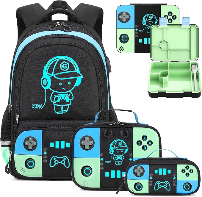 Bevalsa Backpack for Boys with 43OZ Bento Lunch Box,Insulated Lunch Bag & Pencial Case,Cool Luminous Gamer Schoolbag for Kids Teens Elementary Middle School,Bookbag Glow In The Dark by Bevalsa