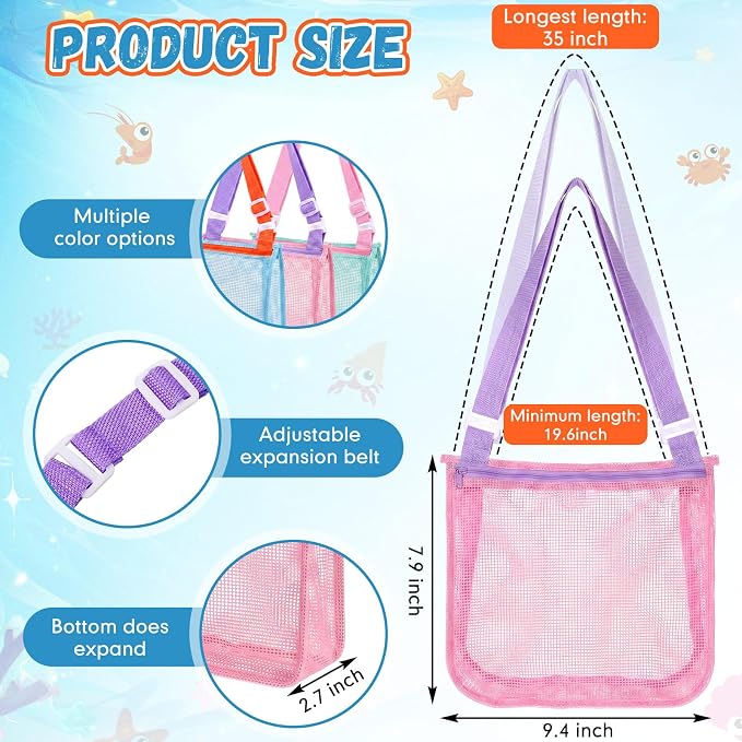 Frienda 4 Pcs Mesh Beach Bag Beach Seashell Bag Shell Collecting Sand Toy Totes Colorful Swimming Accessories Storage Pouch with Adjustable Carrying Straps for Men and Women (Colors D) - Image 2