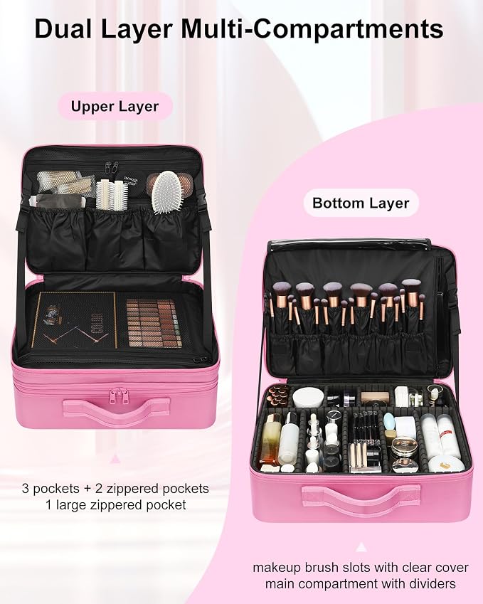 Relavel Extra Large Makeup Case Travel Train Case Professional Makeup Artist Bag Portable Nail Organizer Box Art Supply Case with Adjustable Dividers/Attach to Trolley/Shoulder Strap (Rose Pink) - Image 3