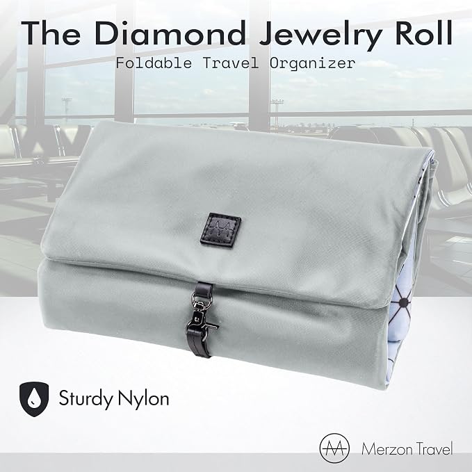 The Diamond Jewelry Roll from, Foldable Travel Jewelry Organizer with Slim Roll Design, Secure Storage for Rings, Necklaces, Earrings, and Bracelets, Sturdy Nylon, HNG-731-SLV, Silver - Image 2