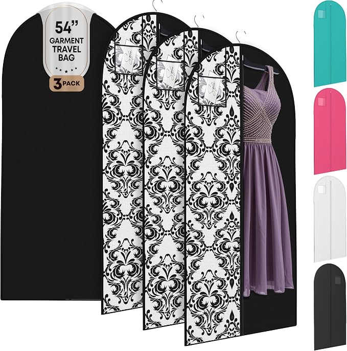Luxury On the Go Black Suit Bag, Dress, and Travel Gown Garment Bags – 54" Hanging Garment Bag with Clear ID Window – Lightweight & Tear-Resistant – 3 Pack for Dresses, Prom, Evening Gown by YourBags