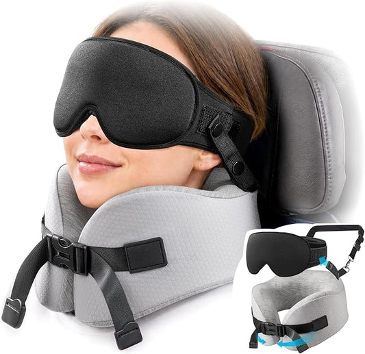 YFONG Travel Pillow for Long Flights, Patented 360° Ergonomic Sleeper Hold Head Support System with Memory Foam Neck Pillow & 3D Sleep Mask, Prevent Head Bobbing for Airplane & Road Trip, Grey by YFONG