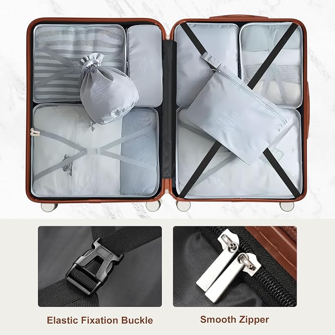Ivory Brown 6 Piece Luggage Set Hard Shell - Checked Suitcases with Spinner Wheels & Expandable Duffel Bag for Family Travel, Durable Carry On Luggage Sets with Lock for Women and Men - Image 4