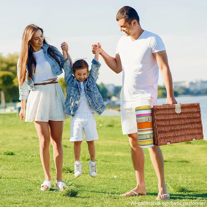 Picnic Basket Set for 4 with Waterproof Blanket Mat Insulation Bag Wicker Rainbow Stripe Cute Hawaiian Tropical Gift for Wedding Birthday Summer Camp Outdoor Camping Beach Travel Christmas - Image 9