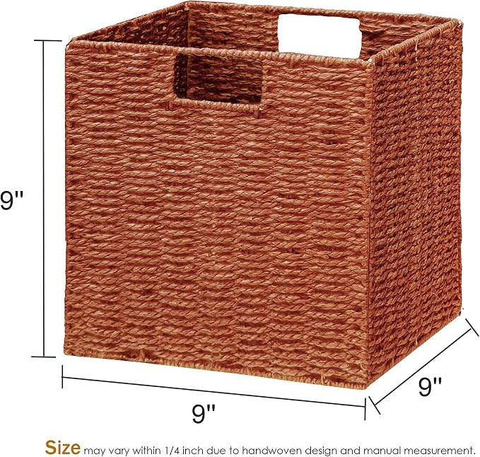 Vagusicc Wicker Storage Basket, Set of 2 Hand-Woven Paper Rope Wicker Basket, Foldable Cube Storage Bins, 9 inch Square Storage Baskets for Organizing Shelves & Decor, Orange (9″×9″×9″) - Image 2