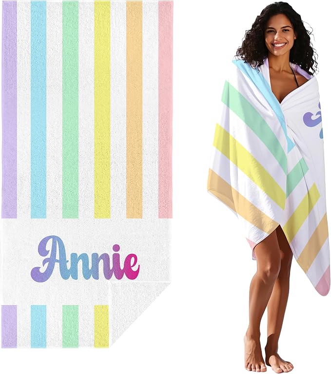 JML Personalized Beach Towel with Name, Custom Rainbow Cabana Stripe Beach Towel, Customized Microfiber Pool Towel, Quick Dry & Absorbent Swim Towel for Adult,Anniversary, Birthday, Summer Holiday - Image 2