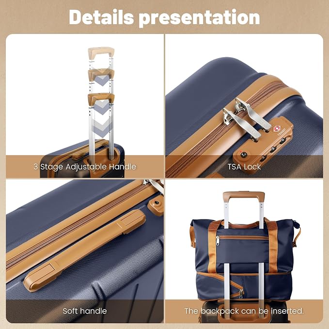 5 Piece Luggage Sets, Suitcases with Wheels ABS Hardshell Carry-On for Family and Business Travel | TSA Lock, 360° Silent Spinner Wheels(20/24/28/DB/TB Navy) - Image 3